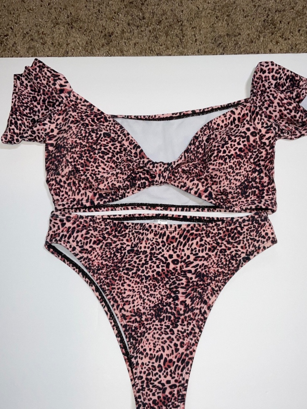 Pink Leopard Print Two-Piece Bikini Women Size Small with Capped Shoulder